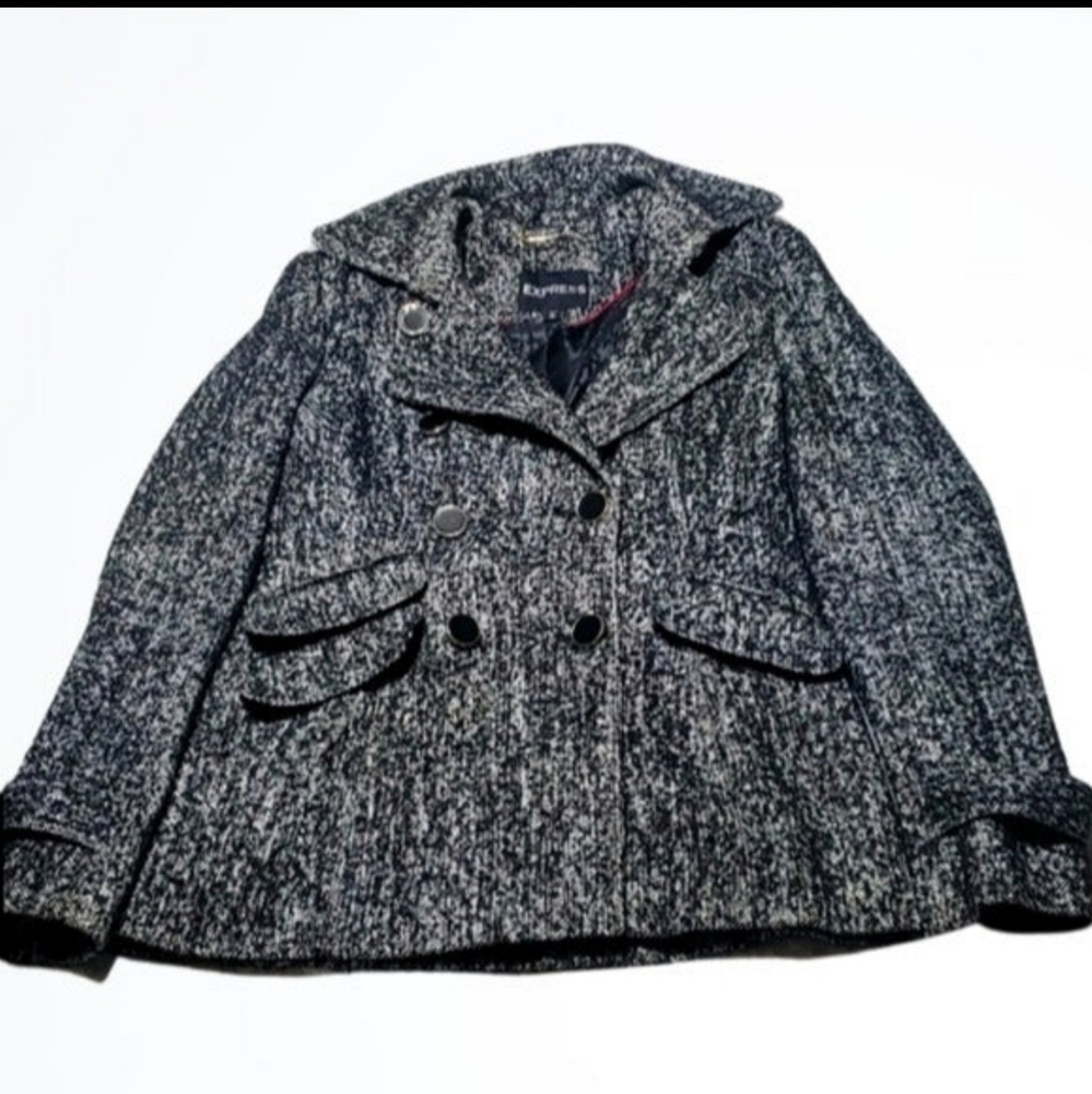 Express Double Breasted Black and White Tweed Pea Coat Size XS Bust 33 Inches